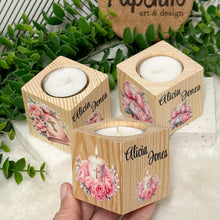 Load image into Gallery viewer, Baby Shower Favors, Handmade Wooden Candle Holder, Personalized Tealight Holder, Baptism Candle Favor, Confirmation, Christening Favors