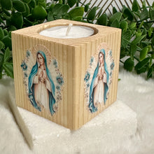 Load image into Gallery viewer, Baby Shower Virgin Mary Favors, Handmade Wooden Candle Holder, Personalized Tealight Holder, Baptism Candle Favor, Confirmation, Christening Favors