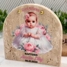 Load image into Gallery viewer, Personalized Baptism Gift Girl, Arch Natural Travertine Stone Christening Gifts, Baptism Gifts for Goddaughter, Unique Baptism Gift Baby Idea