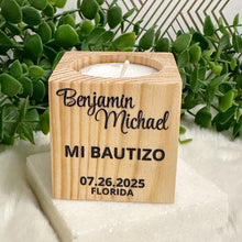 Load image into Gallery viewer, Baby Shower Favors, Handmade Wooden Candle Holder, Personalized Tealight Holder, Baptism Candle Favor, Confirmation, Jose Gregorio Hernandez