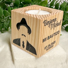 Load image into Gallery viewer, Baby Shower Favors, Handmade Wooden Candle Holder, Personalized Tealight Holder, Baptism Candle Favor, Confirmation, Jose Gregorio Hernandez