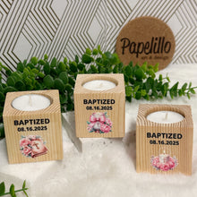 Load image into Gallery viewer, Baby Shower Favors, Handmade Wooden Candle Holder, Personalized Tealight Holder, Baptism Candle Favor, Confirmation, Christening Favors