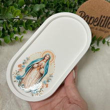 Load image into Gallery viewer, Eco Resine Oval Tray Virgin Mary | Handmade Vanity Tray | Jewelry Holder | Decorative Organizer | Modern Home Decor | Unique Gift Idea