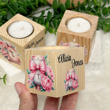 Load image into Gallery viewer, Baby Shower Favors, Handmade Wooden Candle Holder, Personalized Tealight Holder, Baptism Candle Favor, Confirmation, Christening Favors