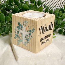 Load image into Gallery viewer, Baby Shower Favors, Handmade Wooden Candle Holder, Personalized Tealight Holder, Baptism Candle Favor, Confirmation, Christening Favors