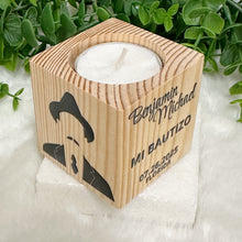 Load image into Gallery viewer, Baby Shower Favors, Handmade Wooden Candle Holder, Personalized Tealight Holder, Baptism Candle Favor, Confirmation, Jose Gregorio Hernandez