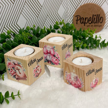 Load image into Gallery viewer, Baby Shower Favors, Handmade Wooden Candle Holder, Personalized Tealight Holder, Baptism Candle Favor, Confirmation, Christening Favors