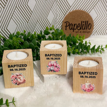 Load image into Gallery viewer, Baby Shower Favors, Handmade Wooden Candle Holder, Personalized Tealight Holder, Baptism Candle Favor, Confirmation, Christening Favors