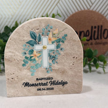 Load image into Gallery viewer, Personalized Baptism Gift, Arch Natural Travertine Stone Christening Gifts, Baptism Gifts for Goddaughter, Unique Baptism Gift Baby Idea