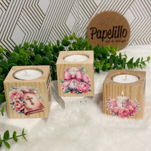 Load image into Gallery viewer, Baby Shower Favors, Handmade Wooden Candle Holder, Personalized Tealight Holder, Baptism Candle Favor, Confirmation, Christening Favors