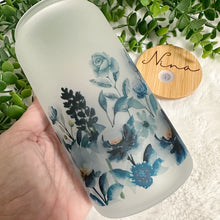 Load image into Gallery viewer, Floral Glass Coffee Cup, Blue Floral Glass Iced Coffee Cup with Bamboo Lid and Straw, Iced Coffee Glass, Gift for Friend, Coffee Aesthetic