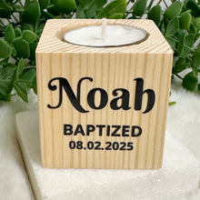 Load image into Gallery viewer, Baby Shower Favors, Handmade Wooden Candle Holder, Personalized Tealight Holder, Baptism Candle Favor, Confirmation, Christening Favors
