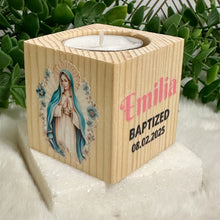 Load image into Gallery viewer, Baby Shower Virgin Mary Favors, Handmade Wooden Candle Holder, Personalized Tealight Holder, Baptism Candle Favor, Confirmation, Christening Favors