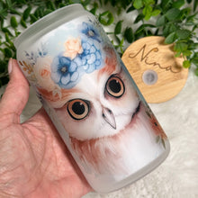 Load image into Gallery viewer, Owl Glass Coffee Cup, Owl Cute Glass Iced Coffee Cup with Bamboo Lid and Straw, Iced Coffee Glass, Gift for Friend, Aesthetic, 16oz