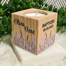 Load image into Gallery viewer, Baby Shower Girl Favors, Handmade Wooden Candle Holder, Personalized Tealight Holder, Baptism Candle Favor, Confirmation, Christening Favors