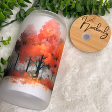 Load image into Gallery viewer, Trees Watercolor Coffee Cup, Multicolors Trees Glass Iced Coffee Cup with Bamboo Lid and Straw, Iced Coffee Glass, Gift Friend, Aesthetic 16oz
