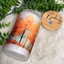 Load image into Gallery viewer, Trees Watercolor Coffee Cup, Multicolors Trees Glass Iced Coffee Cup with Bamboo Lid and Straw, Iced Coffee Glass, Gift Friend, Aesthetic 16oz