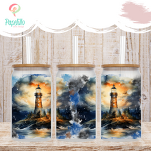 Load image into Gallery viewer, Lighthouse Watercolor Glass Iced Coffee Cup with Bamboo Lid and Straw, Iced Coffee Glass, Gift for Friend, Coffee Aesthetic 16oz