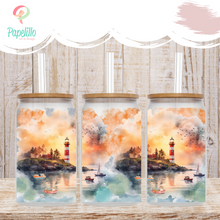Load image into Gallery viewer, Lighthouse Sunset Watercolor Glass Iced Coffee Cup with Bamboo Lid and Straw, Iced Coffee Glass, Gift for Friend, Coffee Aesthetic 16oz