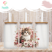 Load image into Gallery viewer, Cute Cat Glass Coffee Cup, Cat Glass Iced Coffee Cup with Bamboo Lid and Straw, Iced Coffee Glass, Gift Friend, Aesthetic UV DTF 16oz