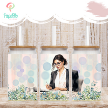 Load image into Gallery viewer, Girl Flower Glass Iced Coffee Cup with Bamboo Lid and Straw, Iced Coffee Glass, Gift for Friend, Coffee Aesthetic 16oz