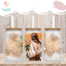 Load image into Gallery viewer, Girl Flower Glass Iced Coffee Cup with Bamboo Lid and Straw, Iced Coffee Glass, Gift for Friend, Coffee Aesthetic 16oz