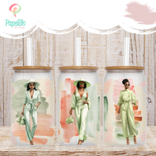 Load image into Gallery viewer, Black Women Lady Glass Iced Coffee Cup with Bamboo Lid and Straw, Iced Coffee Glass, Gift for Friend, Office Girl Coffee Aesthetic 16oz