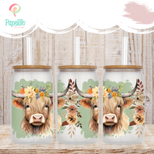 Load image into Gallery viewer, Highland Cow Glass Coffee Cup, Highland Cow Cute Glass Iced Coffee Cup with Bamboo Lid and Straw, Iced Coffee Glass, Gift Friend, Aesthetic 16oz