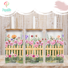Load image into Gallery viewer, Garden Fence Glass Coffee Cup, Floral Fences Glass Iced Coffee Cup with Bamboo Lid and Straw, Iced Coffee Glass, Gift Friend, Aesthetic 16oz