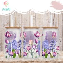 Load image into Gallery viewer, Purple Floral Glass Coffee Cup, Purple Field Glass Iced Coffee Cup with Bamboo Lid and Straw, Gift for Friend, Coffee Aesthetic, 16oz