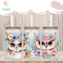Load image into Gallery viewer, Owl Glass Coffee Cup, Owl Cute Glass Iced Coffee Cup with Bamboo Lid and Straw, Iced Coffee Glass, Gift for Friend, Aesthetic, 16oz