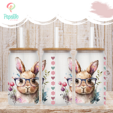 Load image into Gallery viewer, Cute Rabbit Glass Coffee Cup, Rabbit Glass Iced Coffee Cup with Bamboo Lid and Straw, Iced Coffee Glass, Gift Friend, Aesthetic UV DTF 16oz