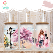 Load image into Gallery viewer, Paris Fashion Girl Glass Iced Coffee Cup with Bamboo Lid and Straw, Iced Coffee Glass, Gift for Friend, Blossom Girl Coffee Aesthetic