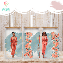 Load image into Gallery viewer, Black Women Lady Glass Iced Coffee Cup with Bamboo Lid and Straw, Iced Coffee Glass, Gift for Friend, Office Girl Coffee Aesthetic 16oz