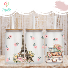 Load image into Gallery viewer, Torre Eiffel Glass Coffee Cup, Cute Paris Glass Iced Coffee Cup with Bamboo Lid and Straw, Iced Coffee Glass, Gift Friend, Aesthetic UV DTF