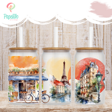 Load image into Gallery viewer, Paris Watercolor Glass Iced Coffee Cup with Bamboo Lid and Straw, Iced Coffee Glass, Gift for Friend, Eiffel Tower Coffee Aesthetic