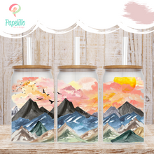 Load image into Gallery viewer, Sunset Coffee Cup, Sunset Mountain Glass Iced Coffee Cup with Bamboo Lid and Straw, Iced Coffee Glass, Gift for Friend, Aesthetic 16oz