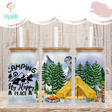 Load image into Gallery viewer, Camping Happy Place Coffee Cup, Pine Tree Glass Iced Coffee Cup with Bamboo Lid and Straw, Iced Coffee Glass, Gift for Friend, Aesthetic 16oz