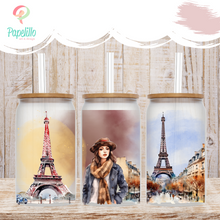 Load image into Gallery viewer, Paris Fashion Girl Glass Iced Coffee Cup with Bamboo Lid and Straw, Iced Coffee Glass, Gift for Friend, Office Girl Coffee Aesthetic 16oz