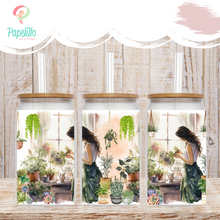 Load image into Gallery viewer, Plant Glass Coffee Cup, Boho plant Glass Iced Coffee Cup with Bamboo Lid and Straw, Iced Coffee Glass, Gift for Friend, Coffee Aesthetic 16oz