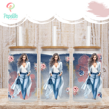 Load image into Gallery viewer, Girl Blue Flower Glass Iced Coffee Cup with Bamboo Lid and Straw, Iced Coffee Glass, Gift for Friend, Coffee Aesthetic 16oz