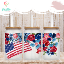 Load image into Gallery viewer, Red and Blue Floral Flag Glass Coffee Cup, American Floral Iced Coffee Cup with Bamboo Lid and Straw, Fourth of July Gift, Coffee Aesthetic 16oz