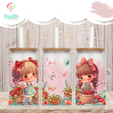 Load image into Gallery viewer, Strawberry Girl Glass Can, Glass Iced Coffee Cup with Bamboo Lid and Straw, Iced Coffee Glass Can, Gift for Friend, Coffee Aesthetic 16oz