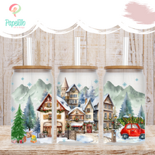 Load image into Gallery viewer, Christmas Village Glass Coffee Cup, Christmas Glass Iced Coffee Cup with Bamboo Lid and Straw, Iced Coffee, Gift for Friend, Coffee Aesthetic