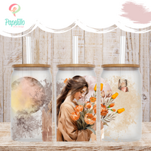 Load image into Gallery viewer, Girl Flower Glass Iced Coffee Cup with Bamboo Lid and Straw, Iced Coffee Glass, Gift for Friend, Coffee Aesthetic 16oz