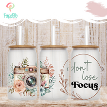 Load image into Gallery viewer, Don't lose focus Glass Coffee Cup, Camera Glass Iced Coffee Cup with Bamboo Lid and Straw, Iced Coffee Glass, Gift Friend, Aesthetic UV DTF 16oz