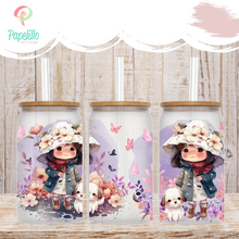 Load image into Gallery viewer, Spring Girl Glass Can, Glass Iced Coffee Cup with Bamboo Lid and Straw, Iced Coffee Glass Can, Gift for Friend, Coffee Aesthetic 16oz