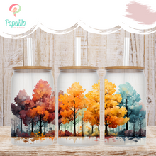 Load image into Gallery viewer, Trees Watercolor Coffee Cup, Multicolors Trees Glass Iced Coffee Cup with Bamboo Lid and Straw, Iced Coffee Glass, Gift Friend, Aesthetic 16oz