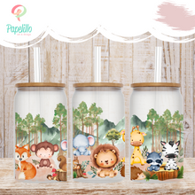 Load image into Gallery viewer, Cute Safari Woodland Glass Can, Glass Iced Coffee Cup with Bamboo Lid and Straw, Iced Coffee Glass Can, Gift for Friend, Coffee Aesthetic 16oz