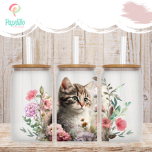 Load image into Gallery viewer, Cute Cat Glass Coffee Cup, Cat Glass Iced Coffee Cup with Bamboo Lid and Straw, Iced Coffee Glass, Gift Friend, Aesthetic UV DTF 16oz